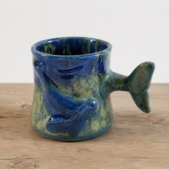 Unbranded Other - Vintage Fish Tail Mug Blue Pottery Whale Dolphin Handle Cup Ocean Coastal 3.5”